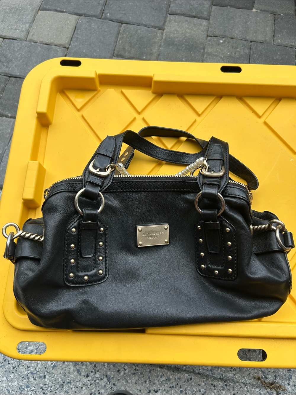 Michael Kors Black Leather Shoulder Bag with Gold Hardware